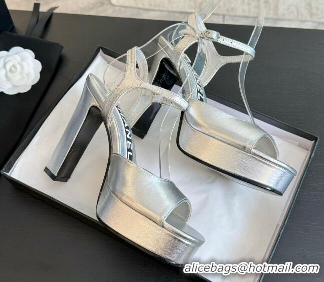 Charming Chanel Lambskin Platform Sandals 12cm Silver 601096