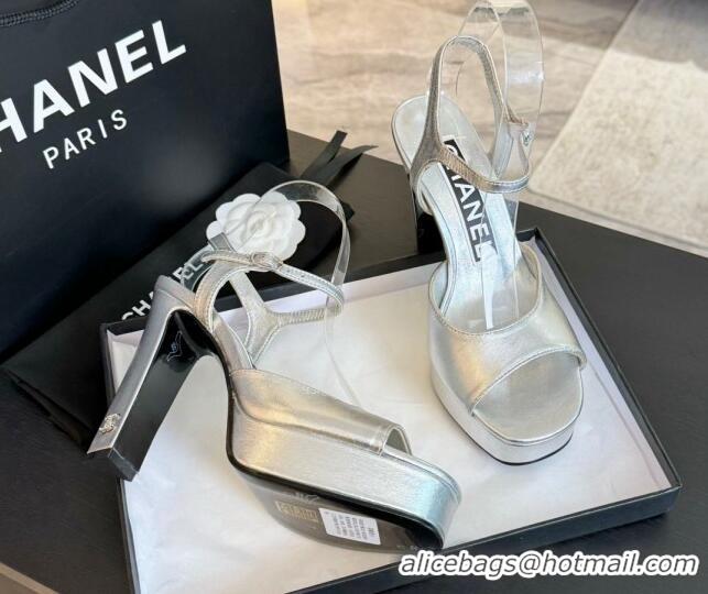 Charming Chanel Lambskin Platform Sandals 12cm Silver 601096