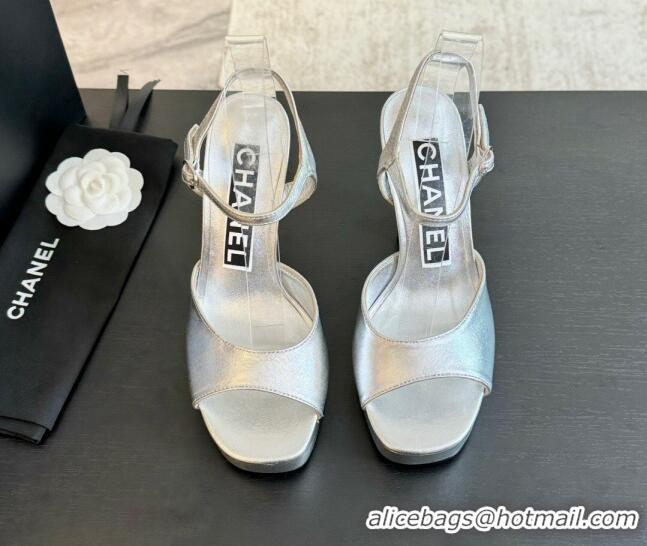 Charming Chanel Lambskin Platform Sandals 12cm Silver 601096