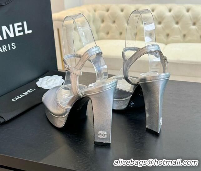 Charming Chanel Lambskin Platform Sandals 12cm Silver 601096