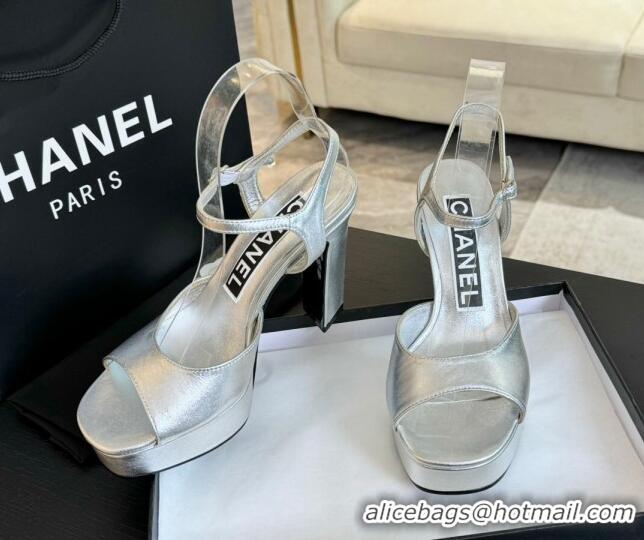 Charming Chanel Lambskin Platform Sandals 12cm Silver 601096