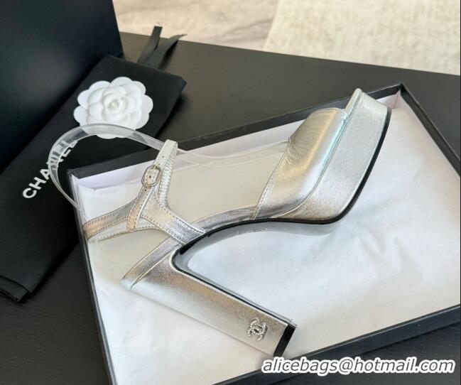 Charming Chanel Lambskin Platform Sandals 12cm Silver 601096