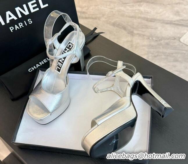 Charming Chanel Lambskin Platform Sandals 12cm Silver 601096