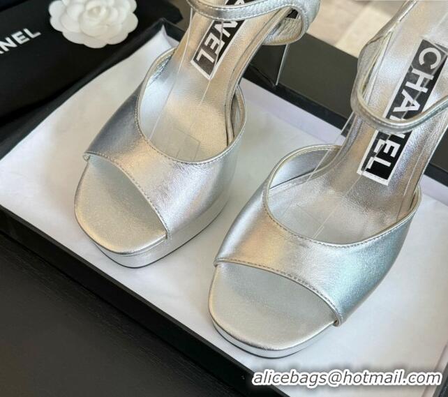 Charming Chanel Lambskin Platform Sandals 12cm Silver 601096