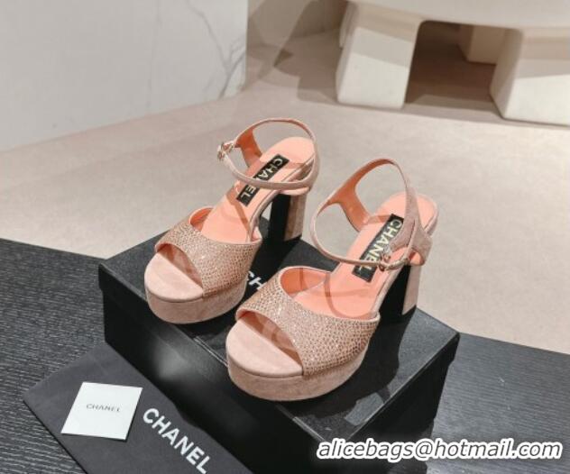 Luxury Cheap Chanel Suede and Strass Platform Sandals 10.5cm Peachy Pink 601099