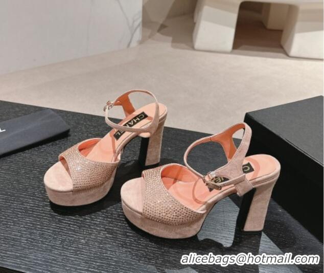 Luxury Cheap Chanel Suede and Strass Platform Sandals 10.5cm Peachy Pink 601099