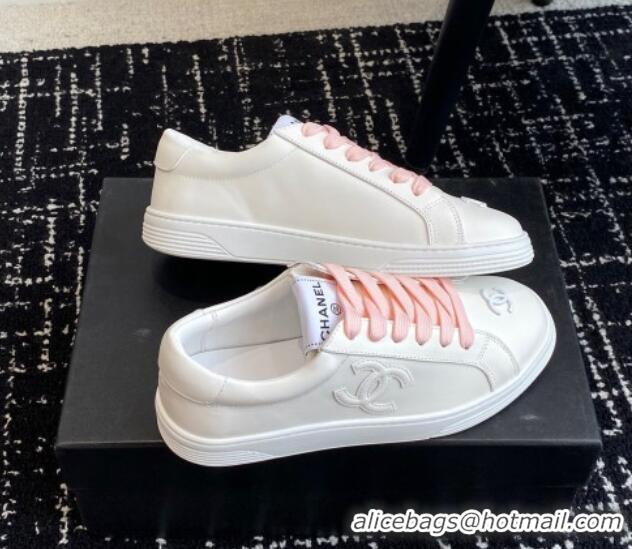 Top Design Chanel CC White Calfskin Sneakers Pink 601102