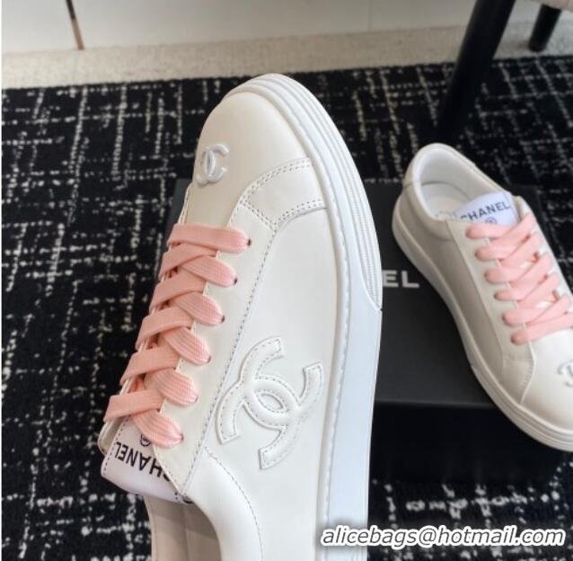 Top Design Chanel CC White Calfskin Sneakers Pink 601102