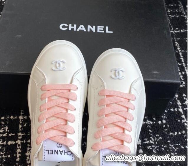 Top Design Chanel CC White Calfskin Sneakers Pink 601102