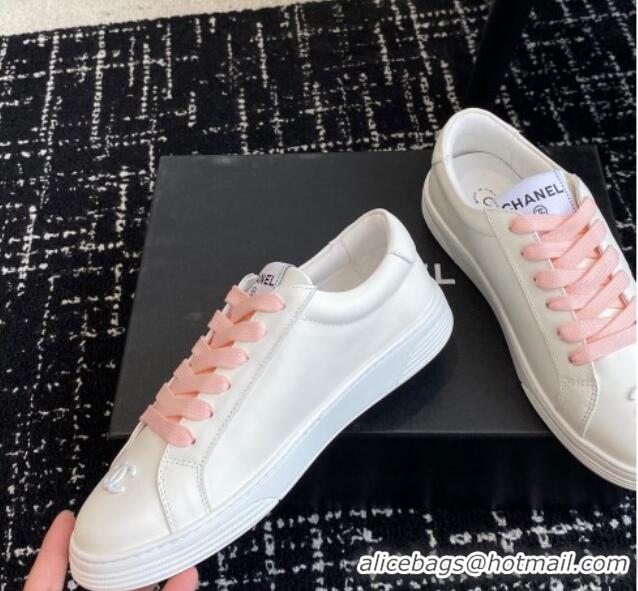 Top Design Chanel CC White Calfskin Sneakers Pink 601102