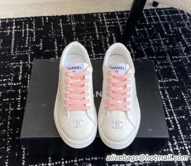 Top Design Chanel CC White Calfskin Sneakers Pink 601102