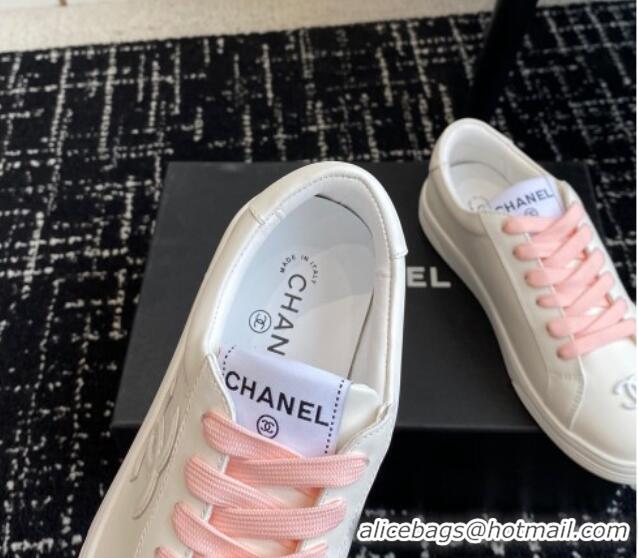 Top Design Chanel CC White Calfskin Sneakers Pink 601102