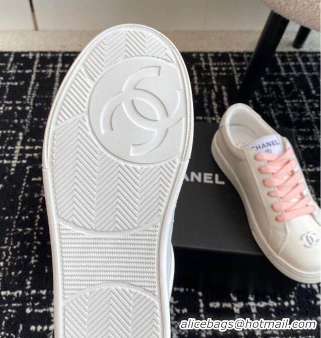 Top Design Chanel CC White Calfskin Sneakers Pink 601102