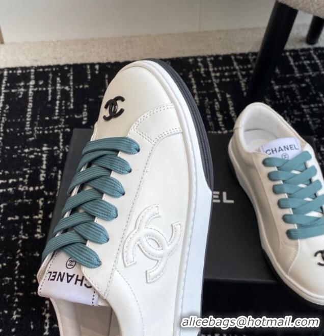 Popular Style Chanel CC White Calfskin Sneakers Green 601103