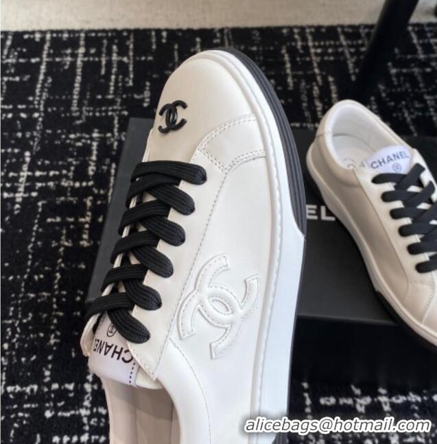 Durable Chanel CC White Calfskin Sneakers Black 601104