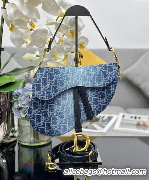 Purchase Best Dior Medium Saddle Bag with Strap in Denim Dior Oblique Jacquard CD4080 Blue 2024