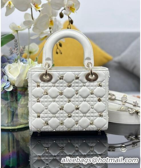 Inexpensive Dior Small Lady Dior MY ABCDior Bag in Cannage Lambskin with Gold-Finish Zodiac Sign Studs CD4082 White 2024