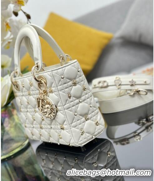 Inexpensive Dior Small Lady Dior MY ABCDior Bag in Cannage Lambskin with Gold-Finish Zodiac Sign Studs CD4082 White 2024