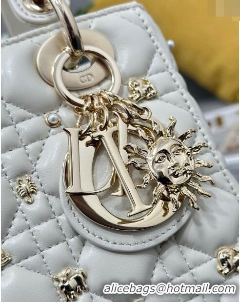 Inexpensive Dior Small Lady Dior MY ABCDior Bag in Cannage Lambskin with Gold-Finish Zodiac Sign Studs CD4082 White 2024