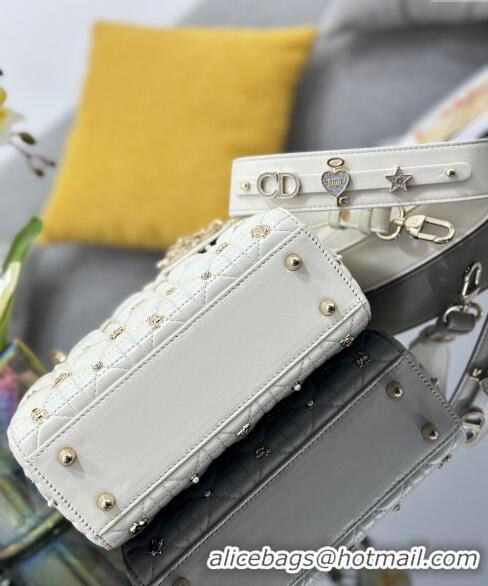 Inexpensive Dior Small Lady Dior MY ABCDior Bag in Cannage Lambskin with Gold-Finish Zodiac Sign Studs CD4082 White 2024