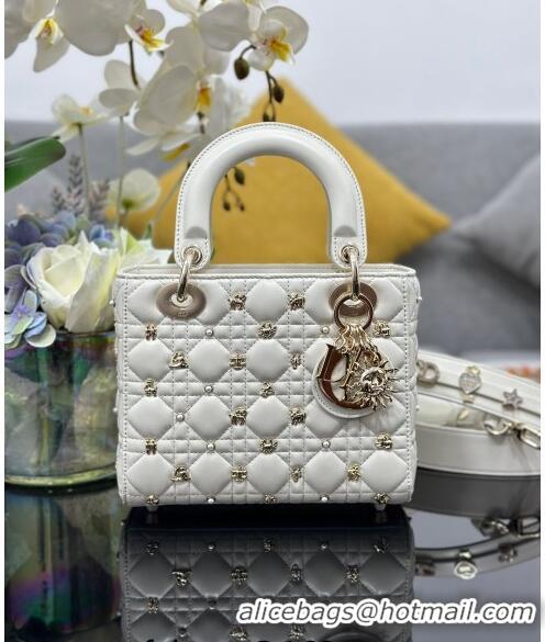 Inexpensive Dior Small Lady Dior MY ABCDior Bag in Cannage Lambskin with Gold-Finish Zodiac Sign Studs CD4082 White 2024