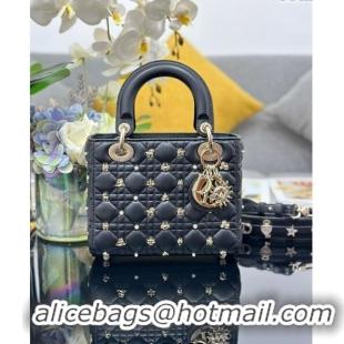 Grade Quality Dior Small Lady Dior MY ABCDior Bag in Cannage Lambskin with Gold-Finish Zodiac Sign Studs CD4082 Black 20