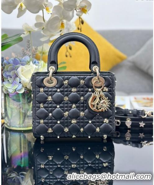 Grade Quality Dior Small Lady Dior MY ABCDior Bag in Cannage Lambskin with Gold-Finish Zodiac Sign Studs CD4082 Black 20