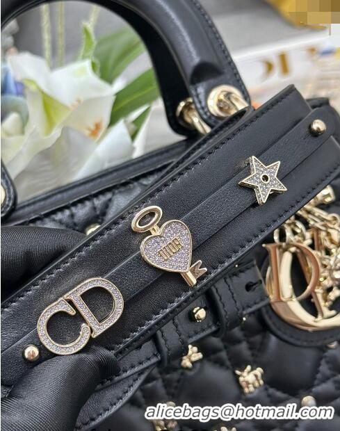 Grade Quality Dior Small Lady Dior MY ABCDior Bag in Cannage Lambskin with Gold-Finish Zodiac Sign Studs CD4082 Black 20