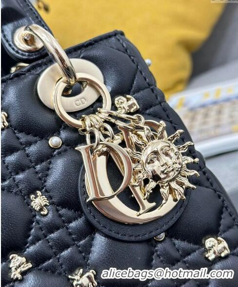 Grade Quality Dior Small Lady Dior MY ABCDior Bag in Cannage Lambskin with Gold-Finish Zodiac Sign Studs CD4082 Black 20