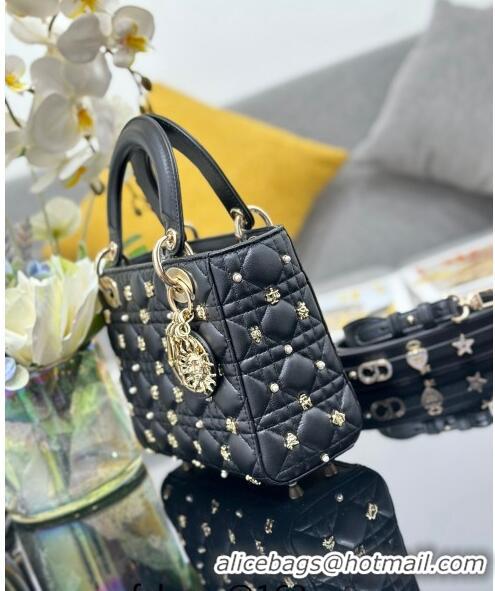 Grade Quality Dior Small Lady Dior MY ABCDior Bag in Cannage Lambskin with Gold-Finish Zodiac Sign Studs CD4082 Black 20