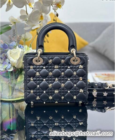 Grade Quality Dior Small Lady Dior MY ABCDior Bag in Cannage Lambskin with Gold-Finish Zodiac Sign Studs CD4082 Black 20