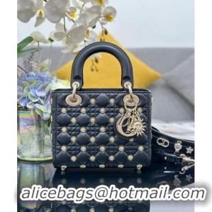 Best Grade Dior Small Lady Dior MY ABCDior Bag in Cannage Lambskin with Gold-Finish Sun Studs CD4082 Black Gold 2024