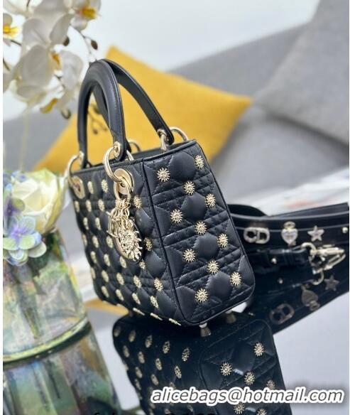 Best Grade Dior Small Lady Dior MY ABCDior Bag in Cannage Lambskin with Gold-Finish Sun Studs CD4082 Black Gold 2024