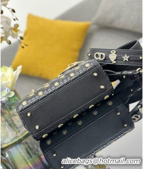 Best Grade Dior Small Lady Dior MY ABCDior Bag in Cannage Lambskin with Gold-Finish Sun Studs CD4082 Black Gold 2024