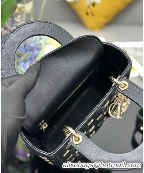 Best Grade Dior Small Lady Dior MY ABCDior Bag in Cannage Lambskin with Gold-Finish Sun Studs CD4082 Black Gold 2024