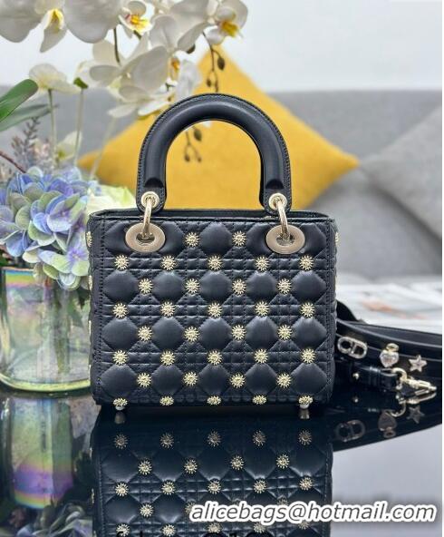 Best Grade Dior Small Lady Dior MY ABCDior Bag in Cannage Lambskin with Gold-Finish Sun Studs CD4082 Black Gold 2024