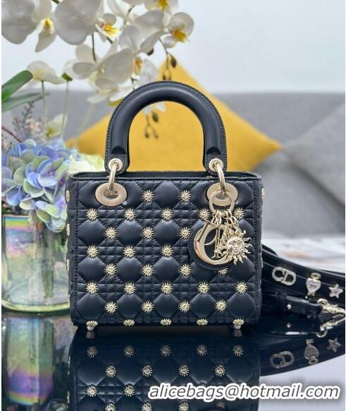 Best Grade Dior Small Lady Dior MY ABCDior Bag in Cannage Lambskin with Gold-Finish Sun Studs CD4082 Black Gold 2024