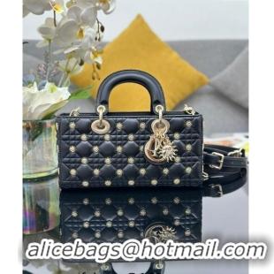 Shop Best Dior Medium Lady D-Joy Bag in Cannage Lambskin with Gold-Finish Sun Studs CD4085 Black 2024