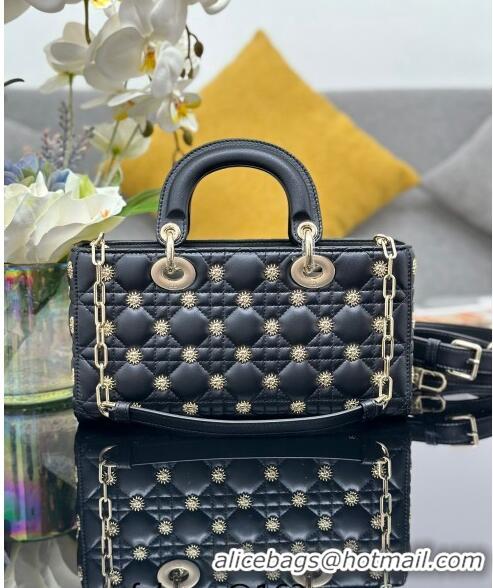 Shop Best Dior Medium Lady D-Joy Bag in Cannage Lambskin with Gold-Finish Sun Studs CD4085 Black 2024