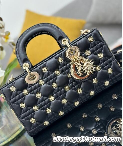 Shop Best Dior Medium Lady D-Joy Bag in Cannage Lambskin with Gold-Finish Sun Studs CD4085 Black 2024