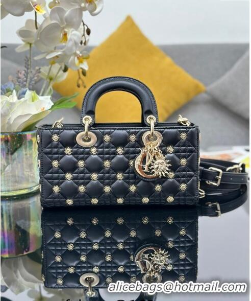 Shop Best Dior Medium Lady D-Joy Bag in Cannage Lambskin with Gold-Finish Sun Studs CD4085 Black 2024