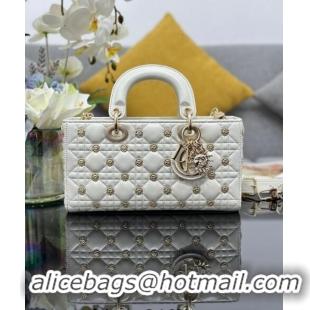 Best Product Dior Medium Lady D-Joy Bag in Cannage Lambskin with Gold-Finish Sun Studs CD4085 White 2024