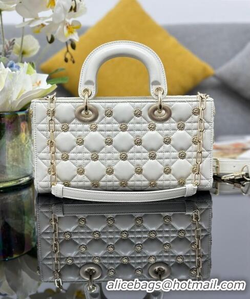 Best Product Dior Medium Lady D-Joy Bag in Cannage Lambskin with Gold-Finish Sun Studs CD4085 White 2024