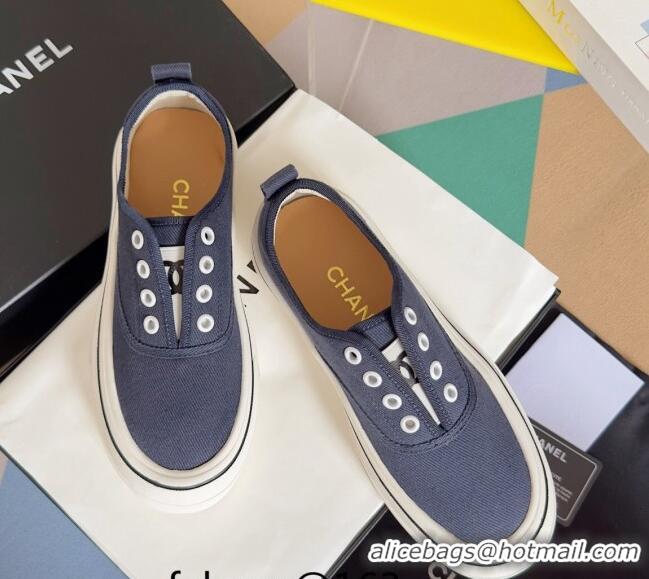 Unique Style Chanel Canvas Platform Sneakers Dark Blue 01105