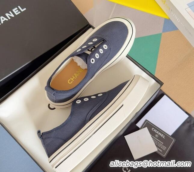 Unique Style Chanel Canvas Platform Sneakers Dark Blue 01105