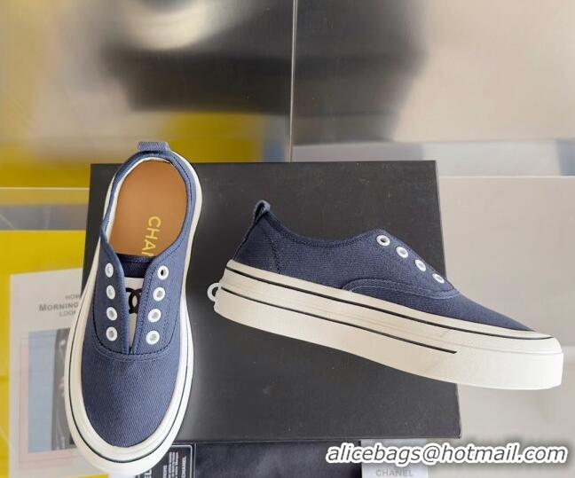 Unique Style Chanel Canvas Platform Sneakers Dark Blue 01105