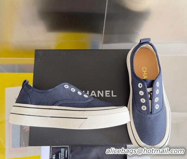 Unique Style Chanel Canvas Platform Sneakers Dark Blue 01105