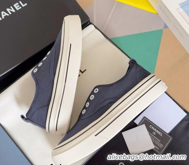 Unique Style Chanel Canvas Platform Sneakers Dark Blue 01105