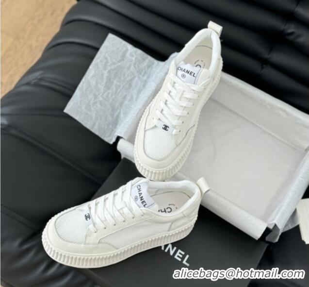 Shop Duplicate Chanel Mesh and Leather Platform Sneakers White 601111