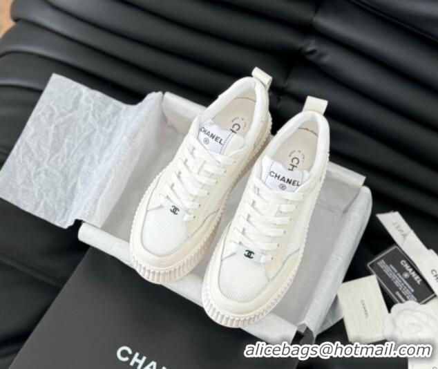 Shop Duplicate Chanel Mesh and Leather Platform Sneakers White 601111